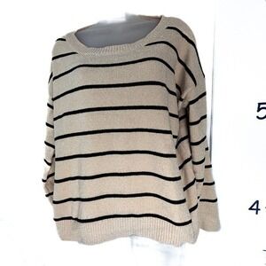 Pink Lily Beige Black Striped Crew Neck Oversized Sweater Small‎ NWOT